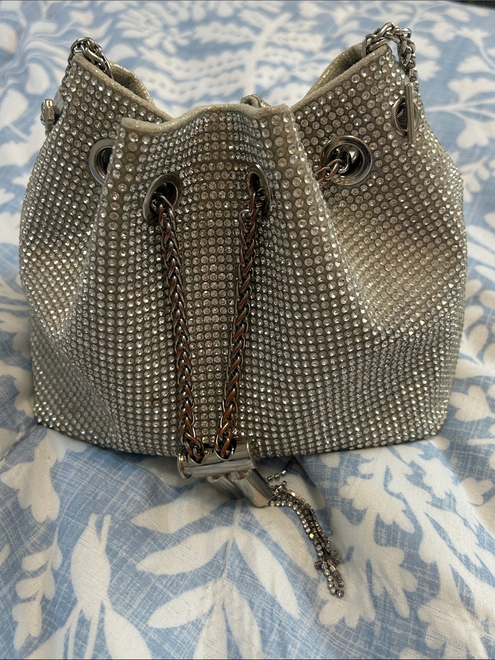 Crystal-Embellished Silver Bucket Bag With Adjustable Closure, Handle & Strap
